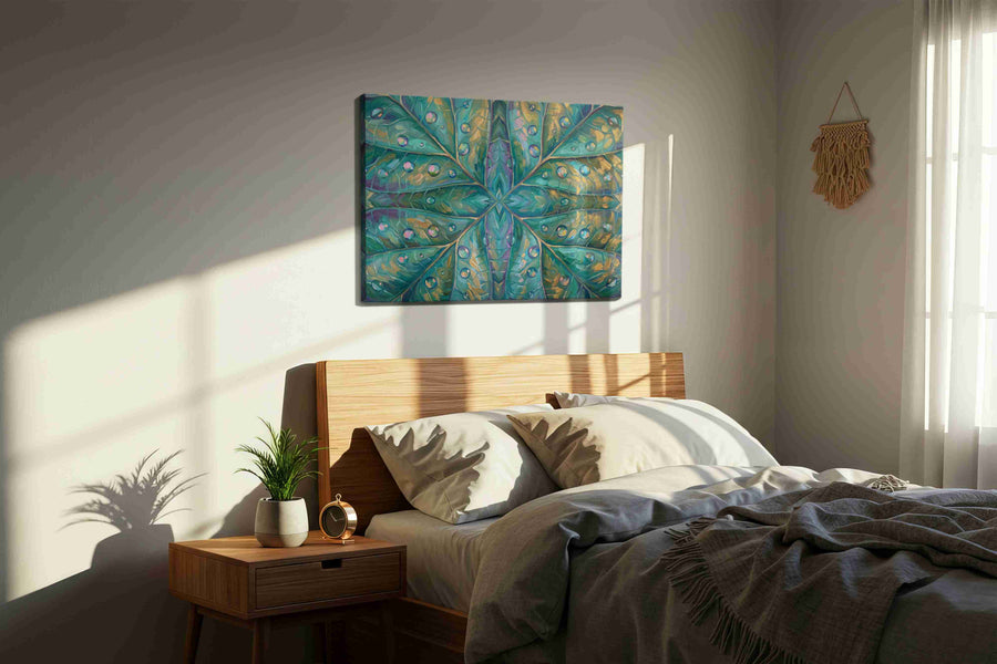 Kaleidoscope of Dew leaves canvas print, displayed in a bedroom