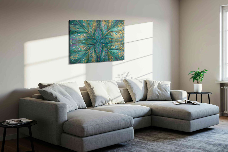 Kaleidoscope of Dew leaves canvas print in a living room scene