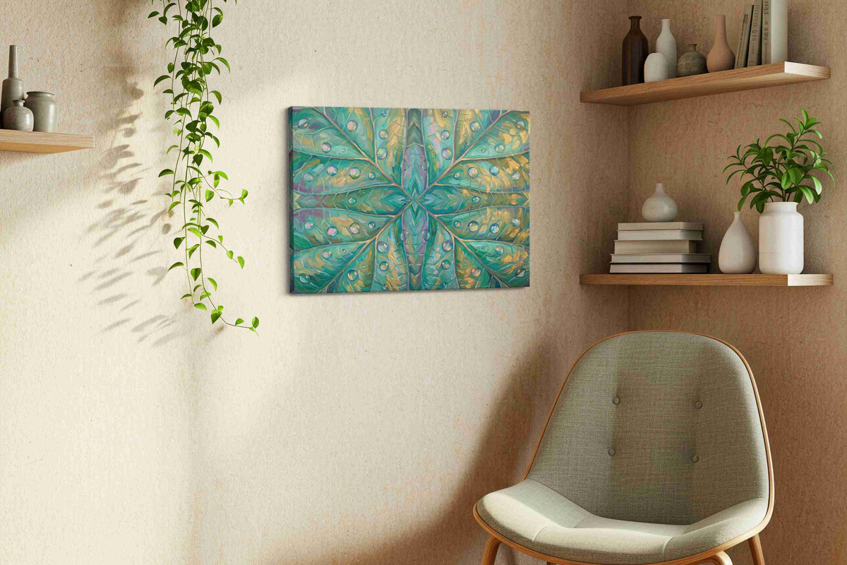 Kaleidoscope of Dew leaves canvas print, displayed in a living room