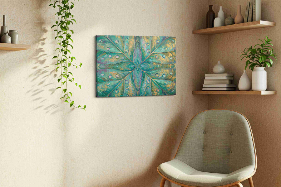 Kaleidoscope of Dew leaves canvas print, displayed in a living room