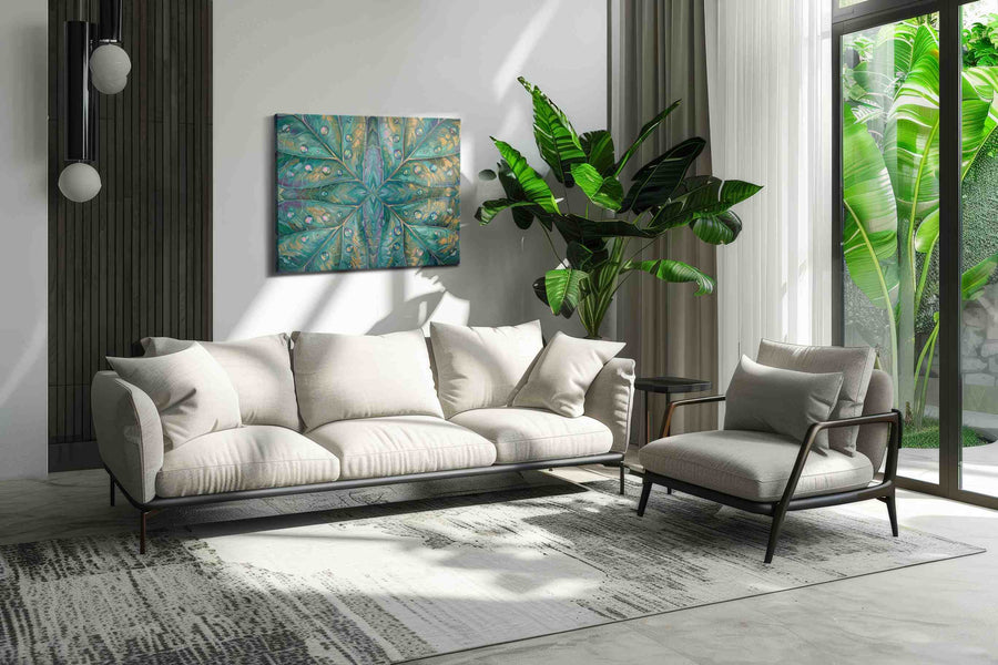 Kaleidoscope of Dew leaves canvas print in a modern interior mockup