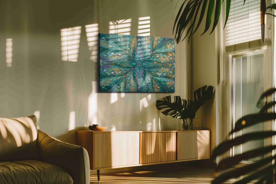 Kaleidoscope of Dew leaves canvas print, on wall, lifestyle preview