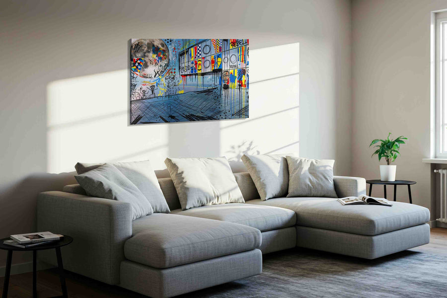 Lunar Chaos Vivid modern canvas print in a living room scene