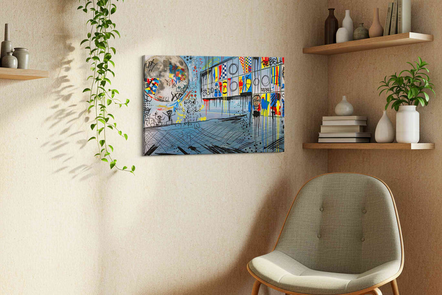 Lunar Chaos Vivid modern canvas print, displayed in a living room