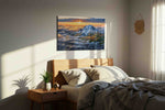 Majestic Dawn Over Peaks mountain canvas print, displayed in a bedroom