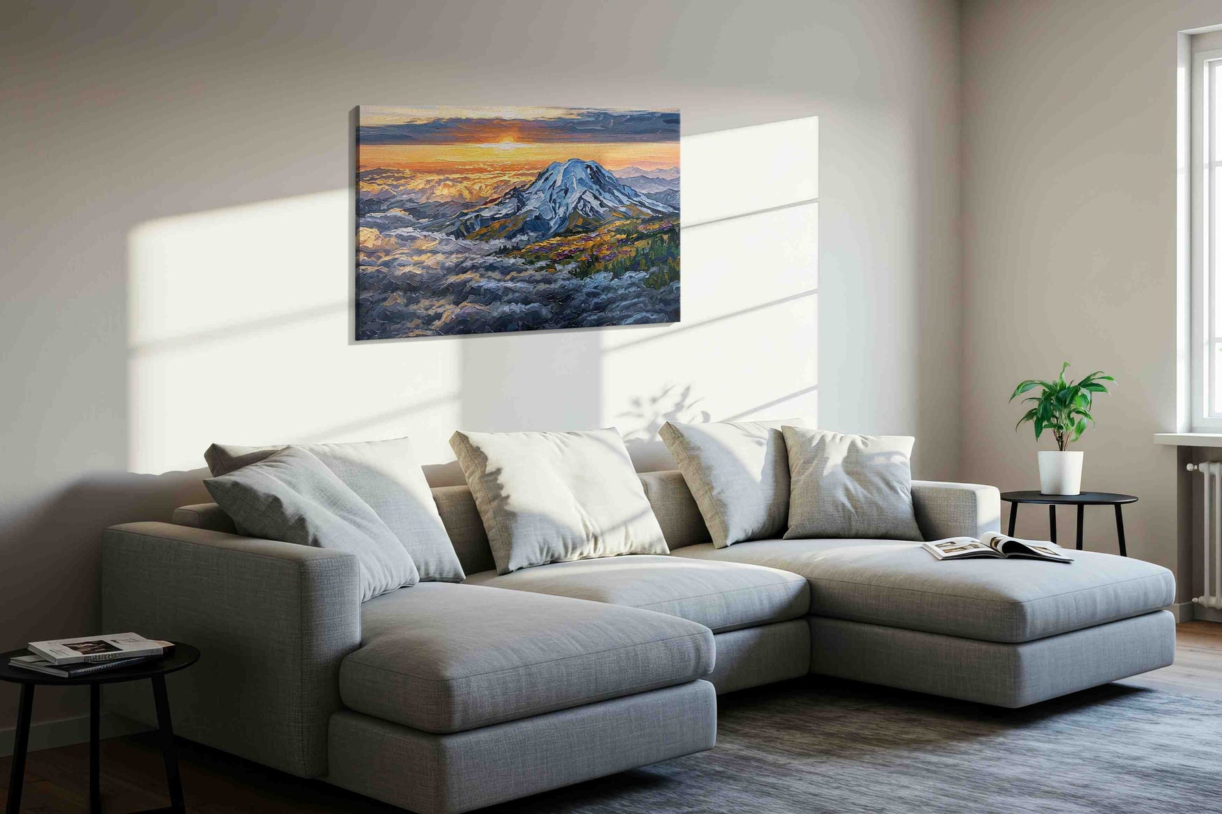 Majestic Dawn Over Peaks (Mountain) - Mountain Wall Art, Landscape Canvas Print, Nature Scenery Art in a living room scene