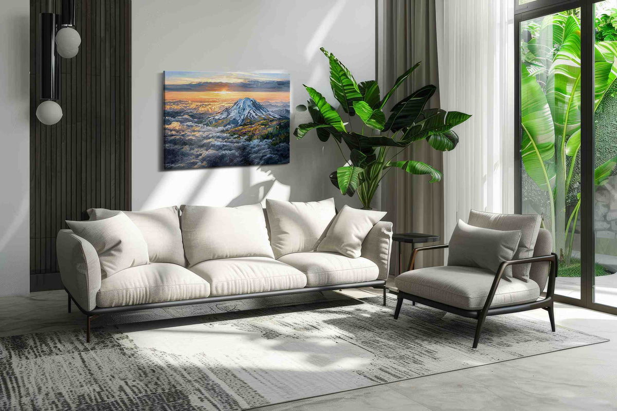Majestic Dawn Over Peaks mountain canvas print in a hung canvas mockup