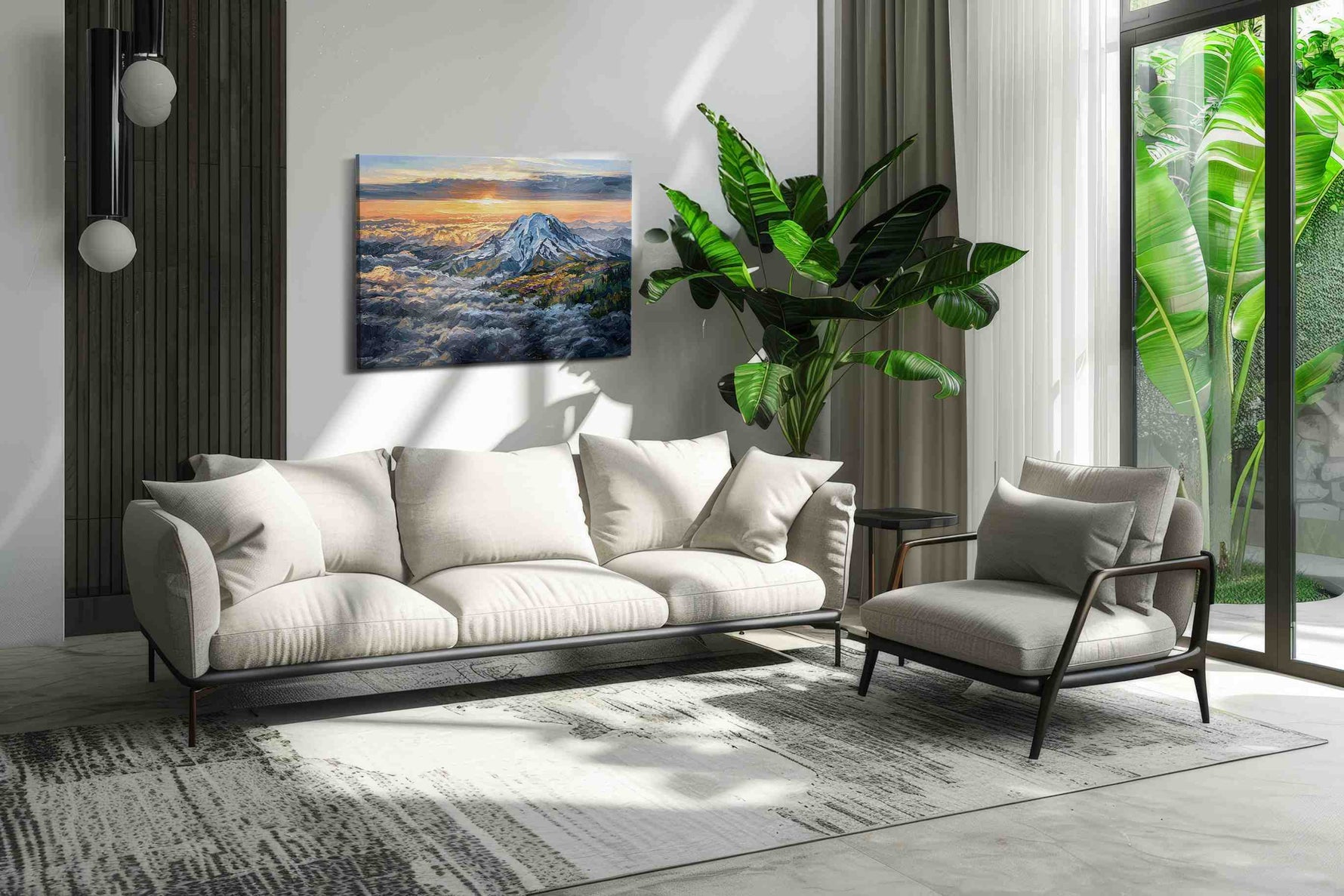 Majestic Dawn Over Peaks mountain canvas print in a hung canvas mockup