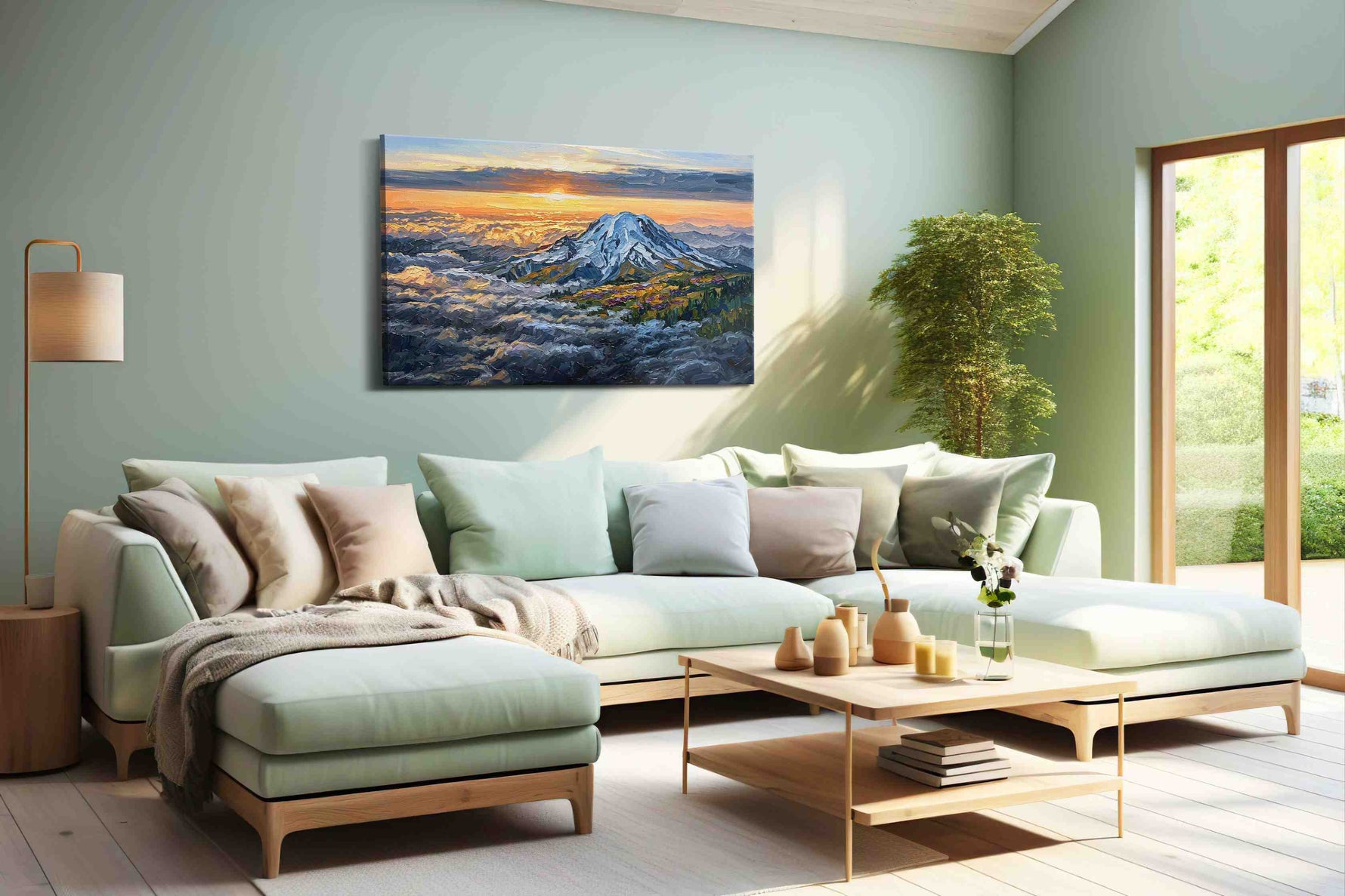 Majestic Dawn Over Peaks mountain canvas print, hanging on wall