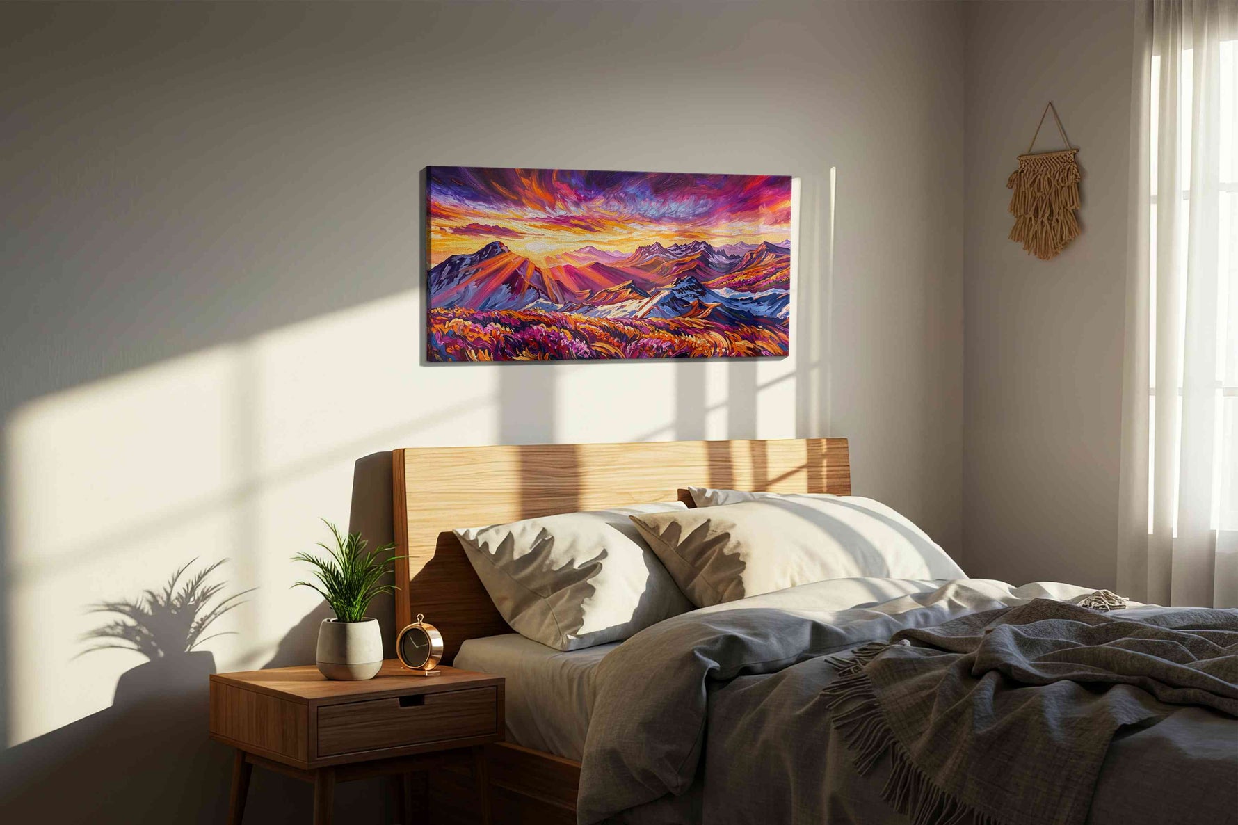 Radiant Peaks of Dawn (Mountain) - Mountain Wall Art, Landscape Canvas Print, Nature Scenery Art in a bedroom scene
