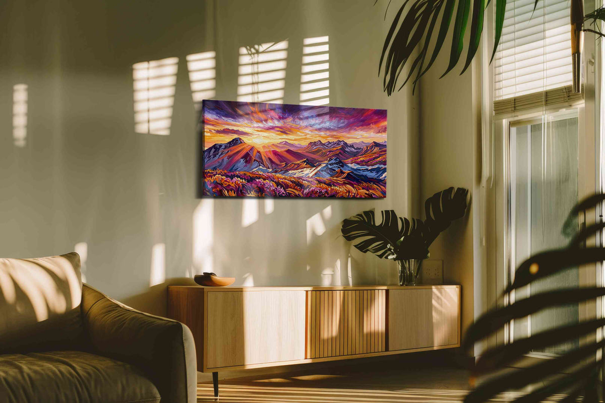 Radiant Peaks of Dawn mountain canvas print in a contemporary interior mockup