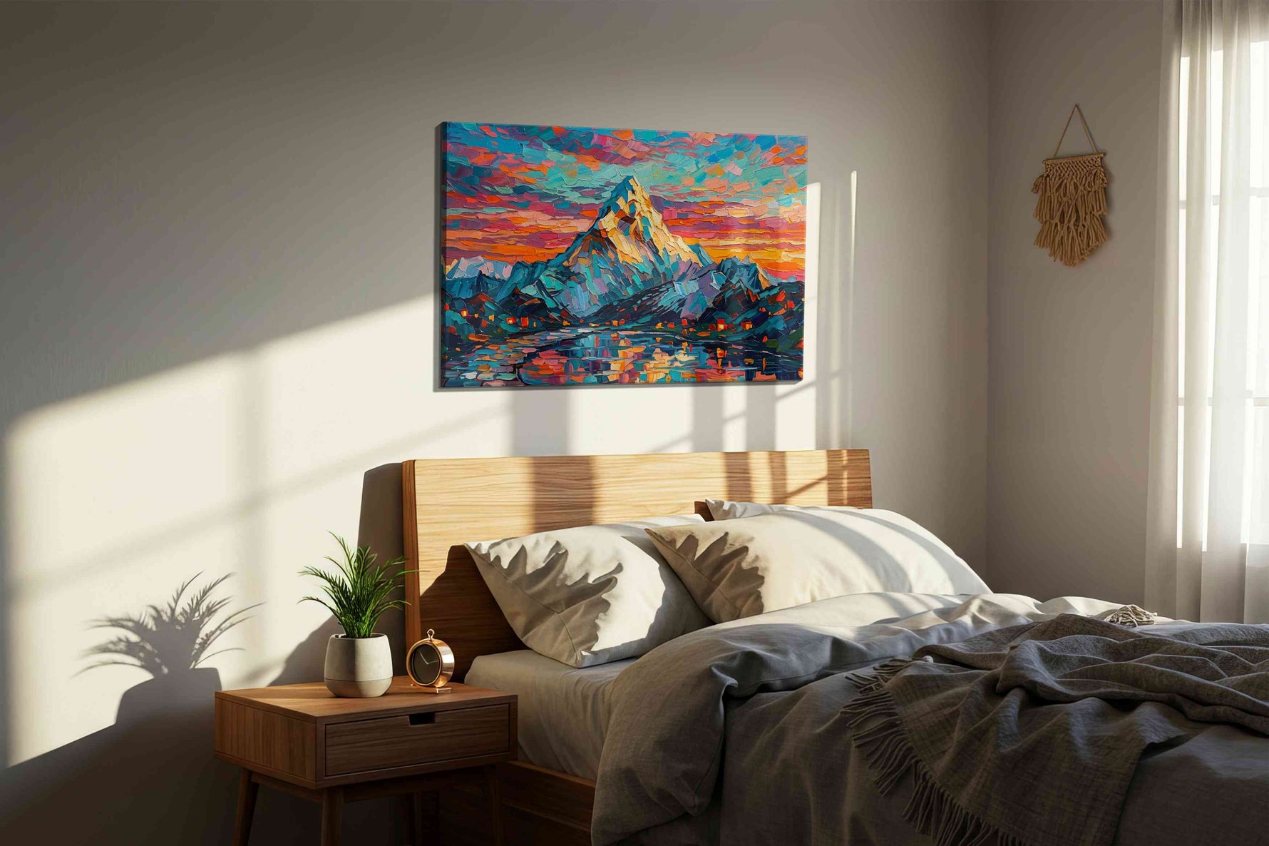 Vibrant Peaks of Dusk nature canvas print, displayed in a bedroom