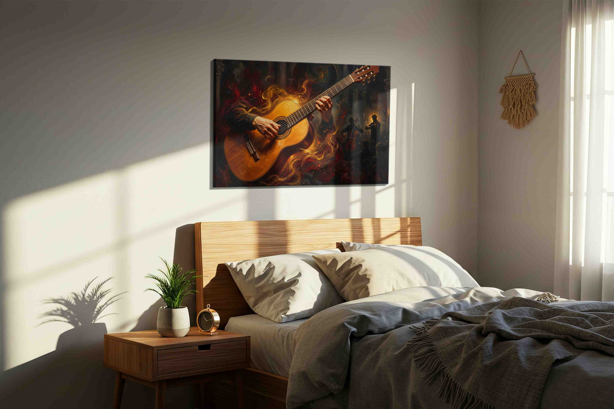 Flaming Strings Serenade music canvas print, displayed in a bedroom