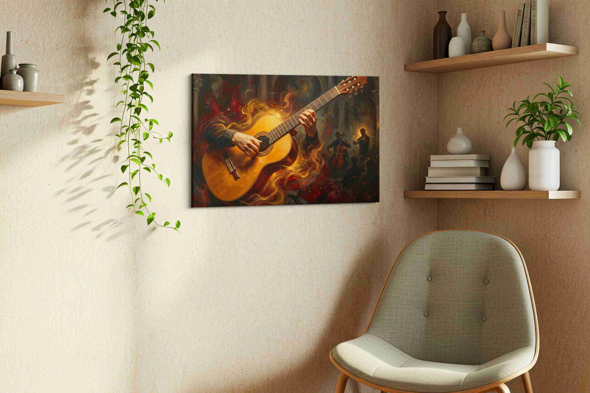 Flaming Strings Serenade music canvas print, displayed in a living room