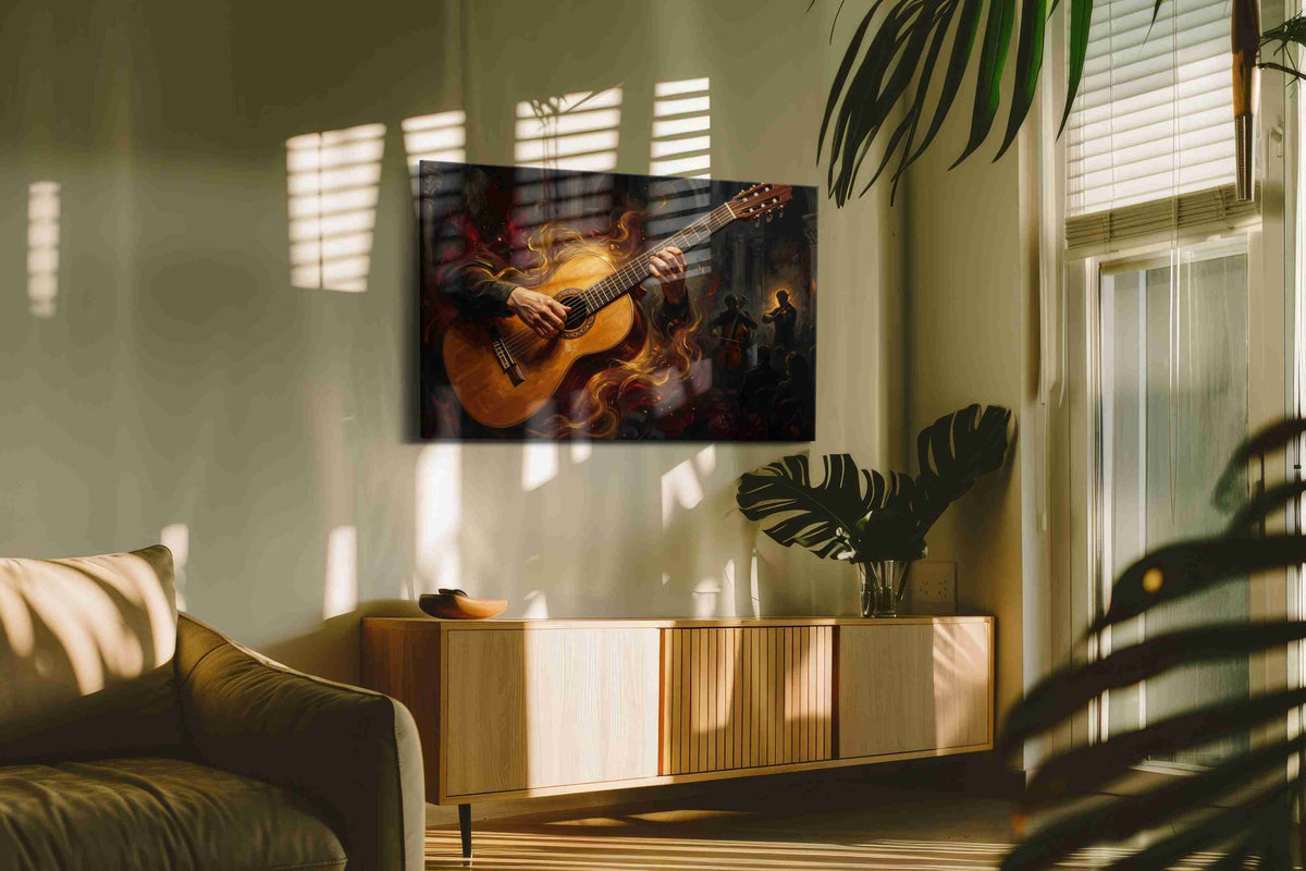 Flaming Strings Serenade music canvas print in a hung canvas mockup