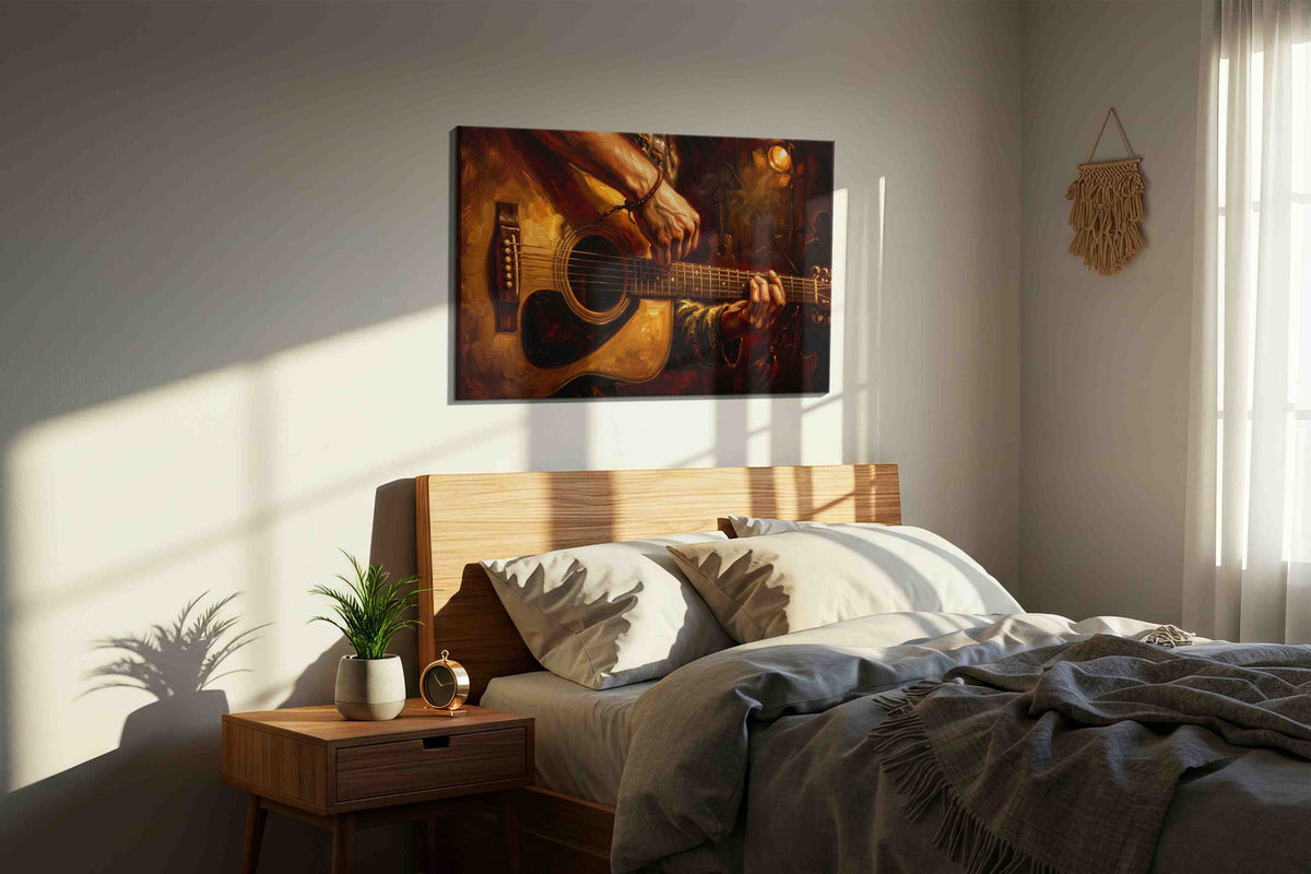 Harmony in Strings music canvas print, displayed in a bedroom