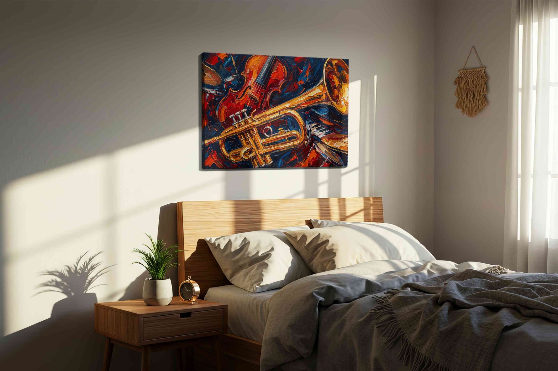 Melodic Jazz Symphony music canvas print, displayed in a bedroom
