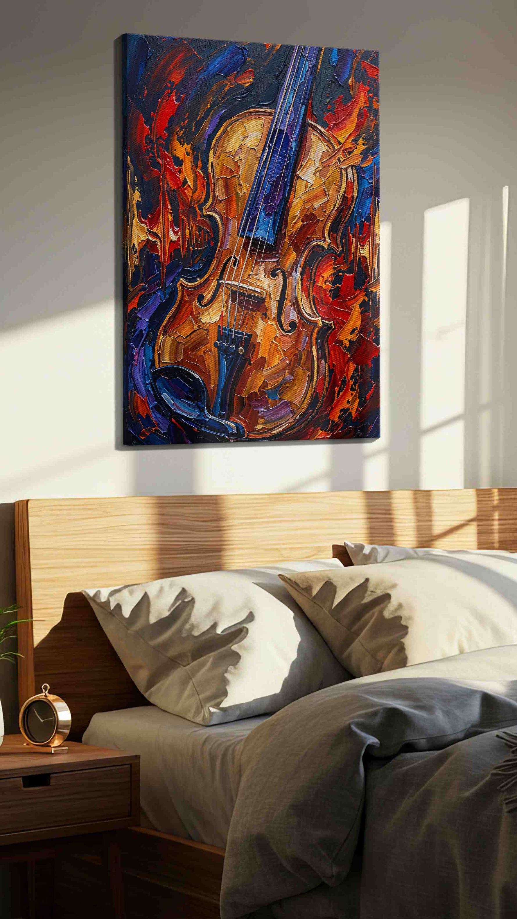 Symphony of Flames music canvas print, displayed in a bedroom