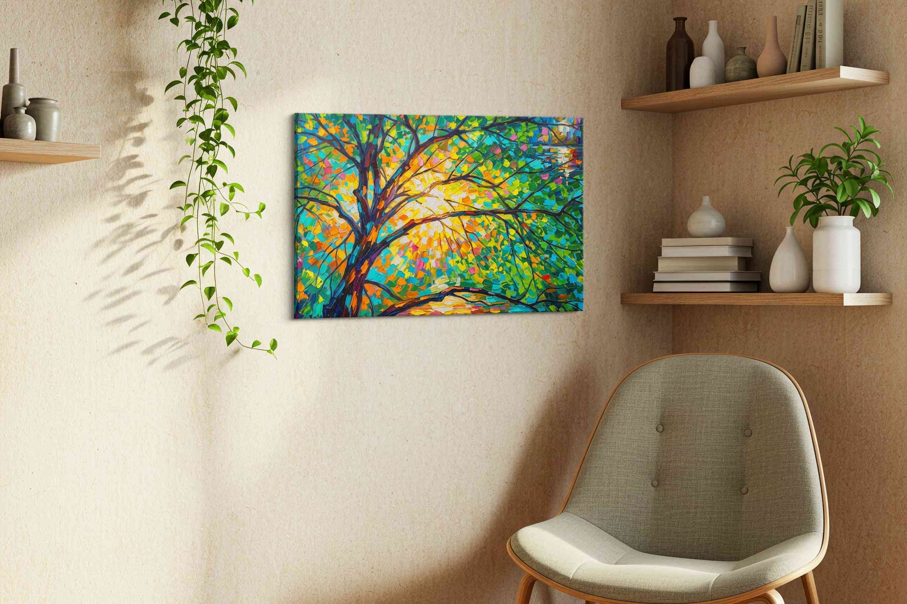 Ethereal Canopy Radiance nature canvas print, displayed in a living room