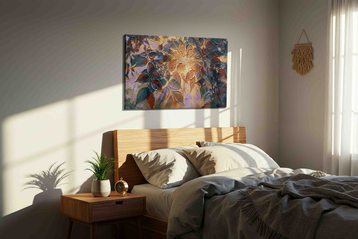 Luminescent Canopy nature canvas print, displayed in a bedroom