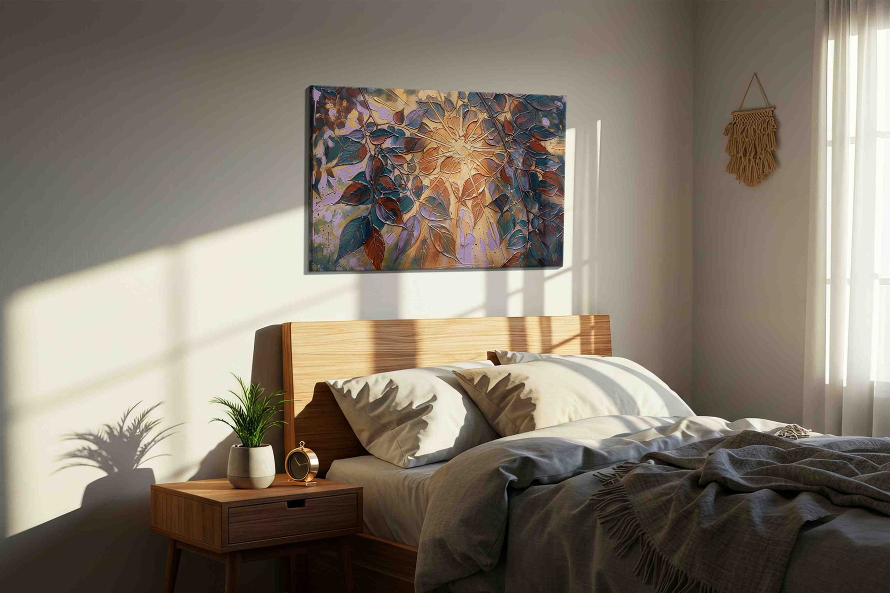 Luminescent Canopy nature canvas print, displayed in a bedroom