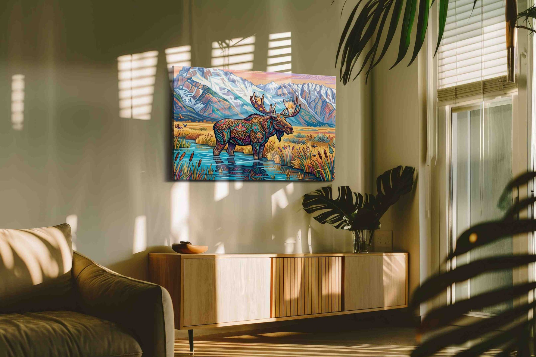 Mystical Moose in Mountain Serenity animals canvas print, displayed in a living room