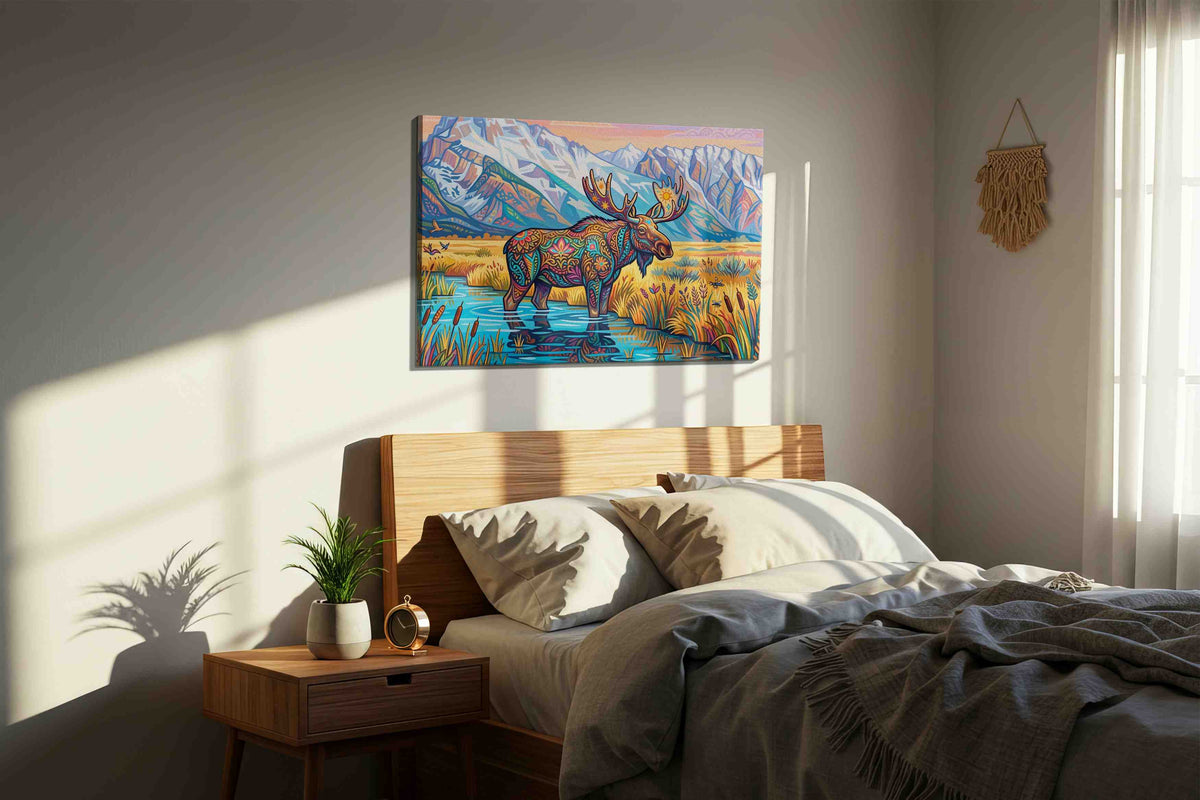 Mystical Moose in Mountain Serenity animals canvas print, displayed in a bedroom
