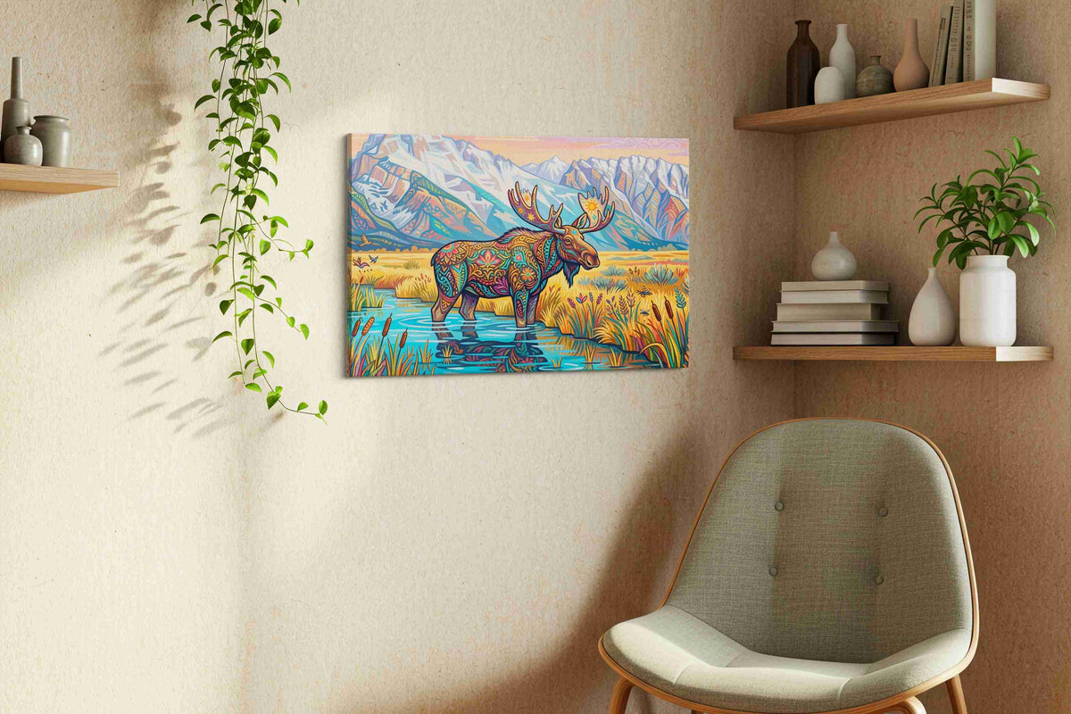 Mystical Moose in Mountain Serenity animals canvas print, hanging on wall — view 2