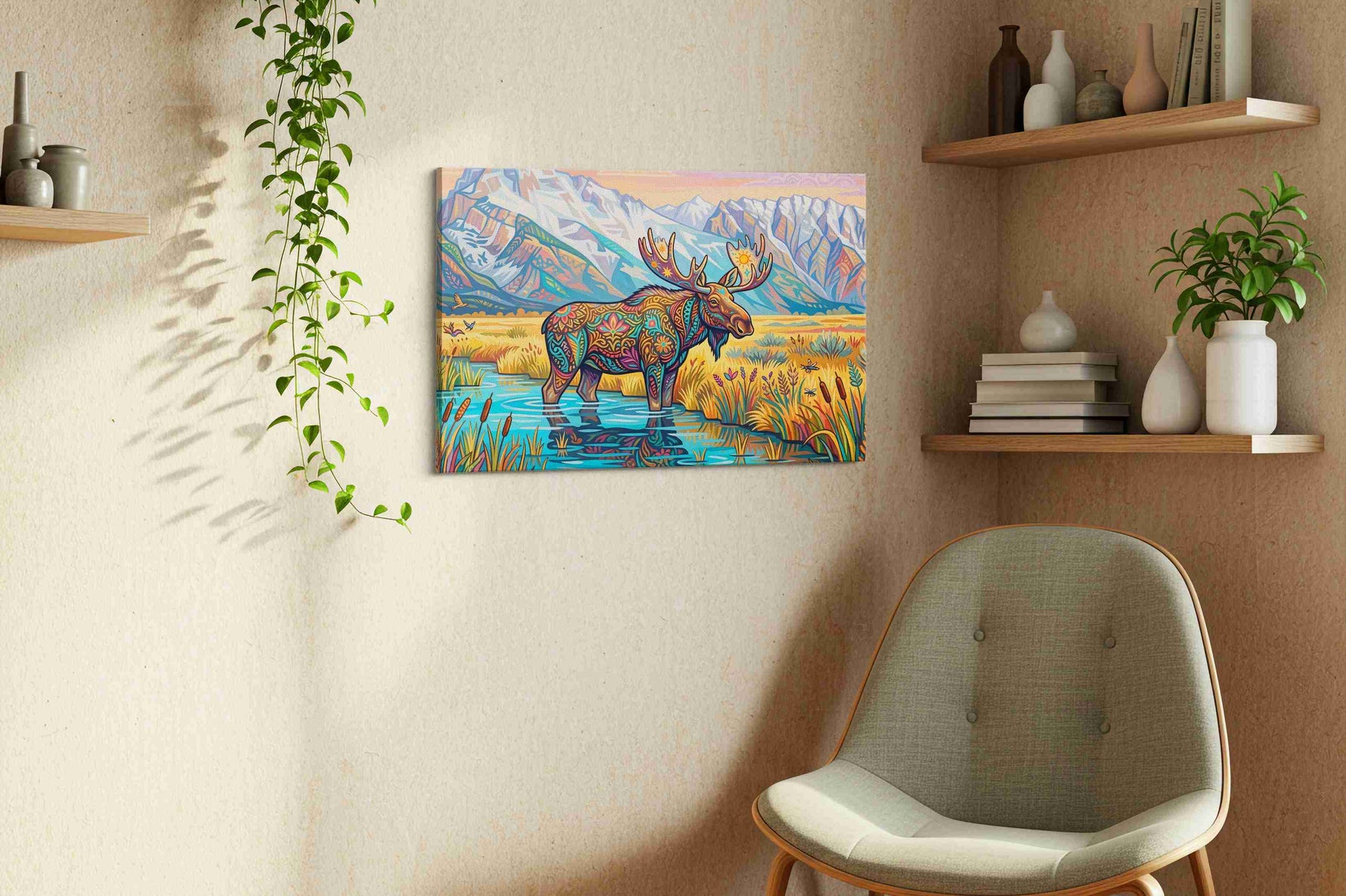 Mystical Moose in Mountain Serenity animals canvas print, hanging on wall — view 2