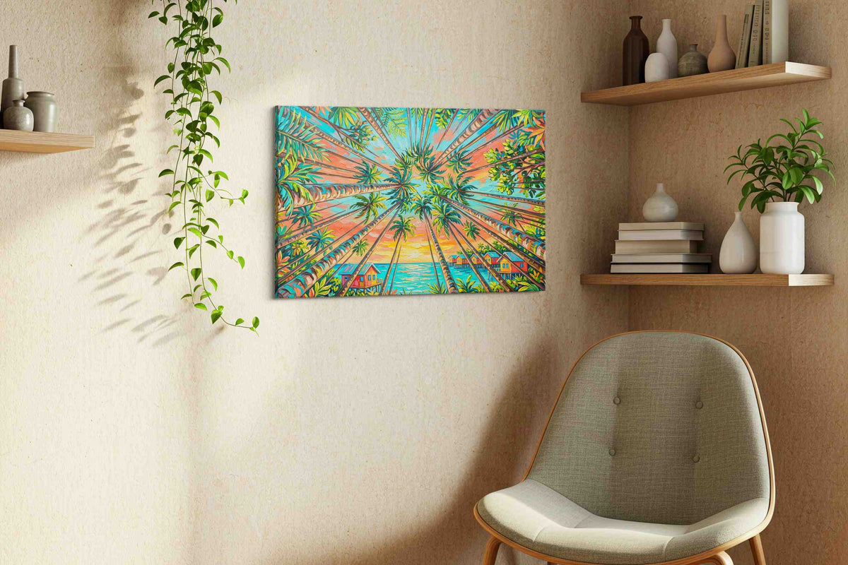 Paradise Palms Sunrise nature canvas print styled in a living room