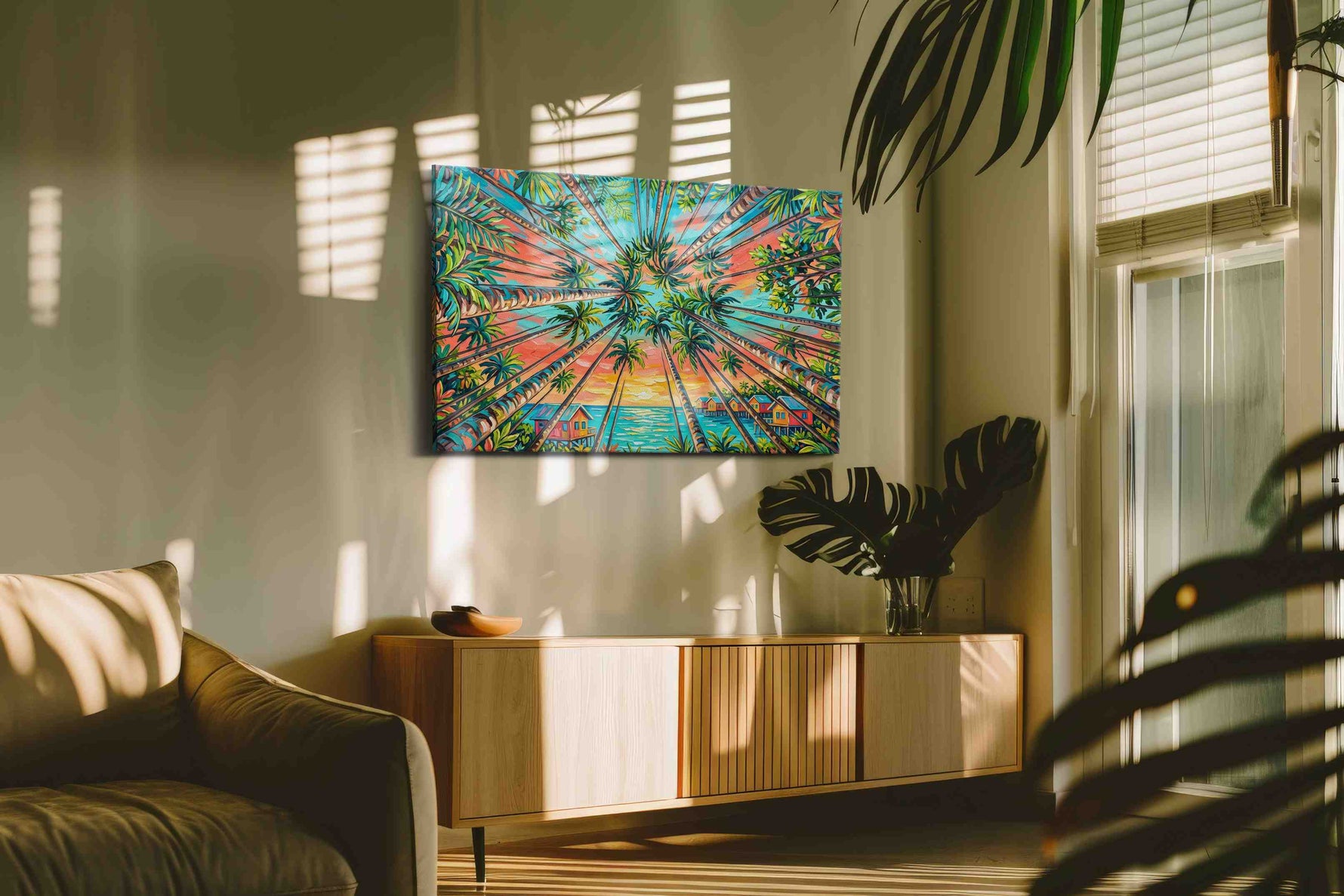 Paradise Palms Sunrise nature canvas print in a contemporary interior mockup
