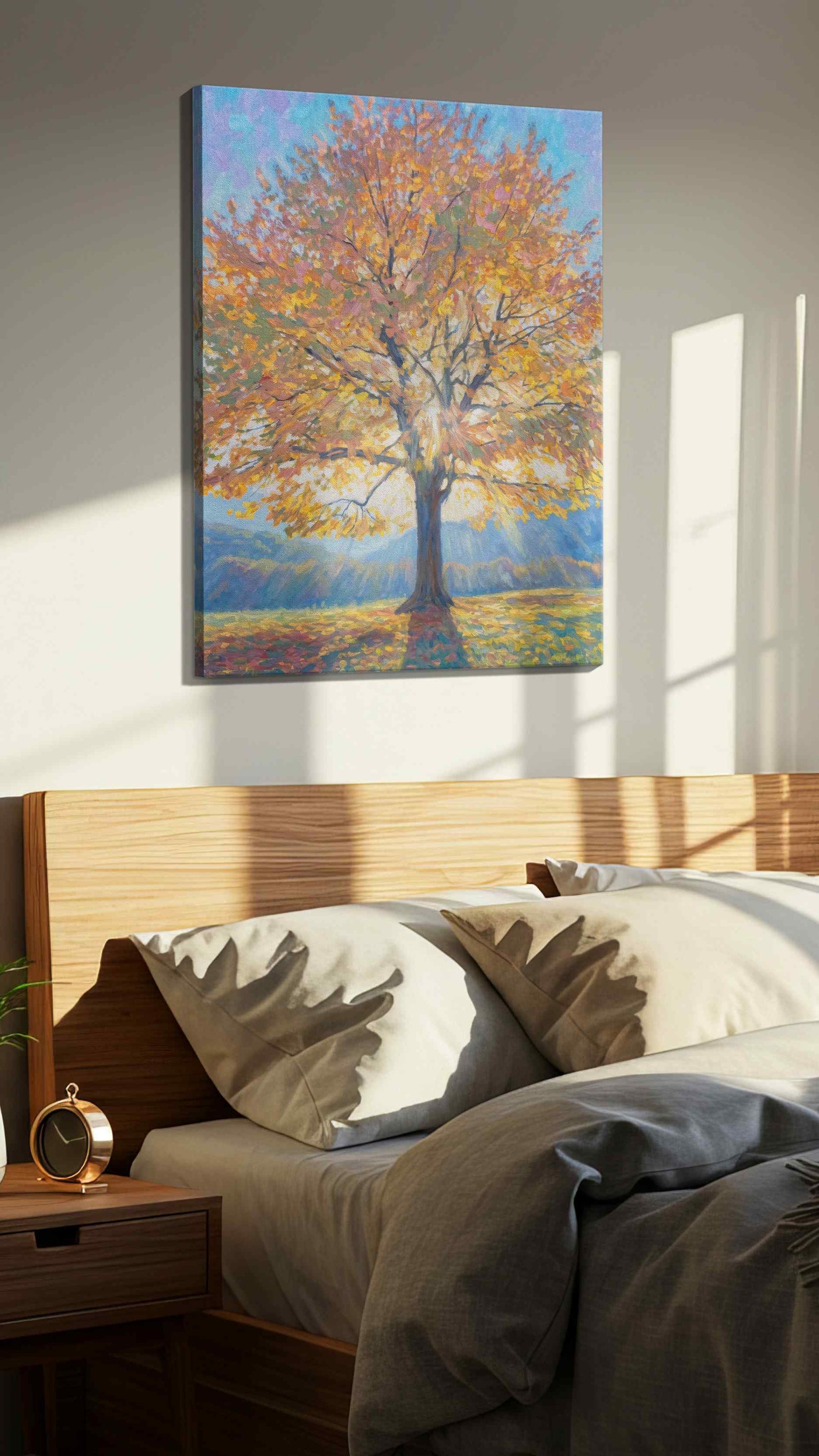 Radiant Autumn Glory nature canvas print, displayed in a bedroom