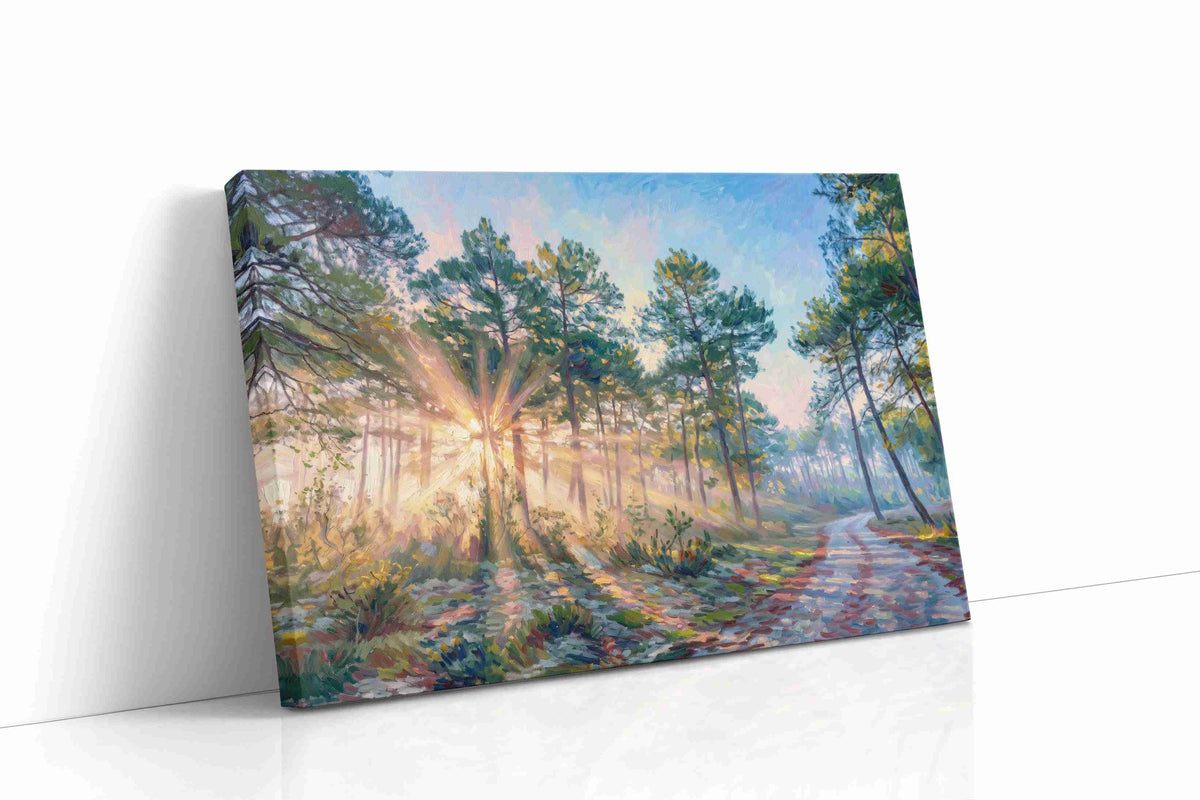Radiant Dawn in the Pines nature canvas print, gallery-wrapped, ready to hang