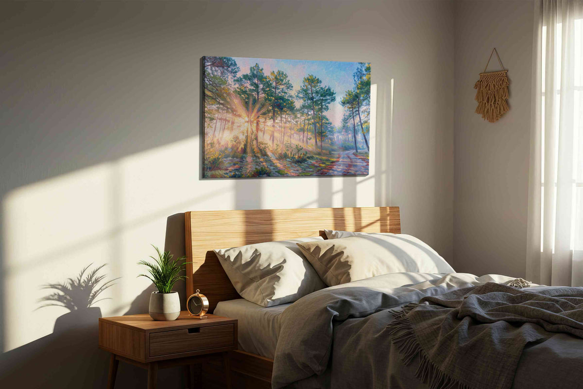 Radiant Dawn in the Pines nature canvas print, displayed in a bedroom