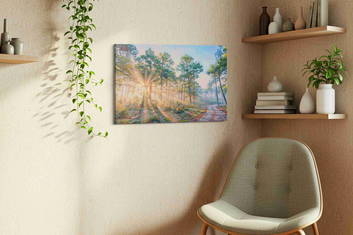 Radiant Dawn in the Pines nature canvas print, displayed in a living room