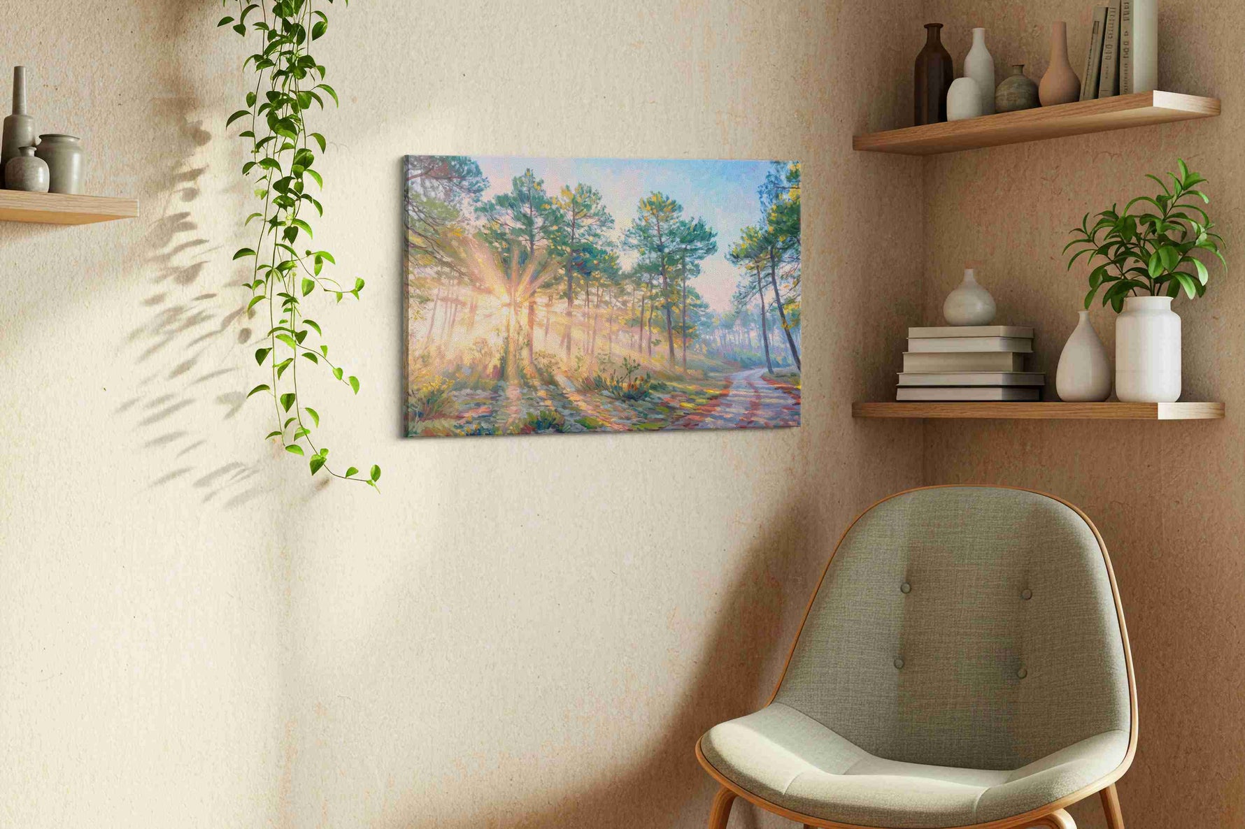 Radiant Dawn in the Pines nature canvas print, displayed in a living room
