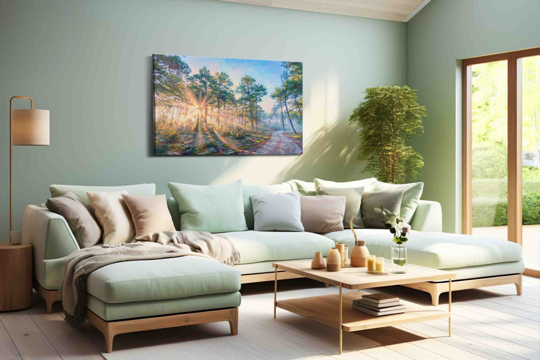 Radiant Dawn in the Pines nature canvas print, hanging on wall