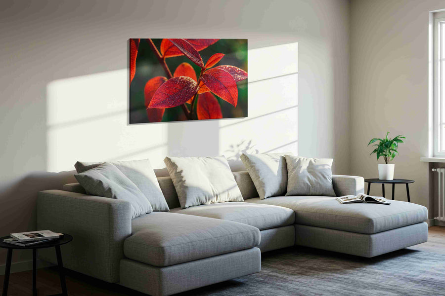 Radiant Morning Dew leaves canvas print in a living room scene