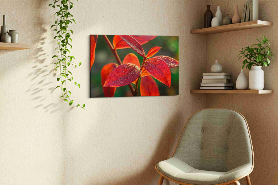 Radiant Morning Dew leaves canvas print, displayed in a living room