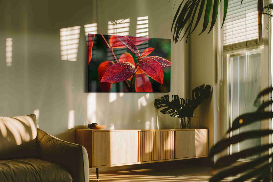 Radiant Morning Dew (Nature) - Leaves, Leaf Wall Art, Botanical Canvas Print, Nature Decor in a contemporary interior mockup