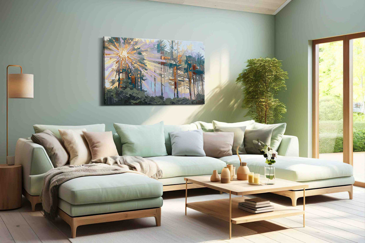 Radiant Woods Symphony nature canvas print, hanging on wall