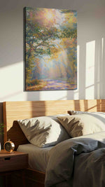 Sunlit Forest Serenity nature canvas print, displayed in a bedroom