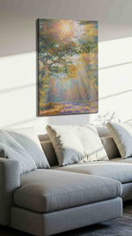 Sunlit Forest Serenity nature canvas print, displayed in a living room
