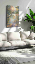 Sunlit Forest Serenity nature canvas print in a modern interior mockup