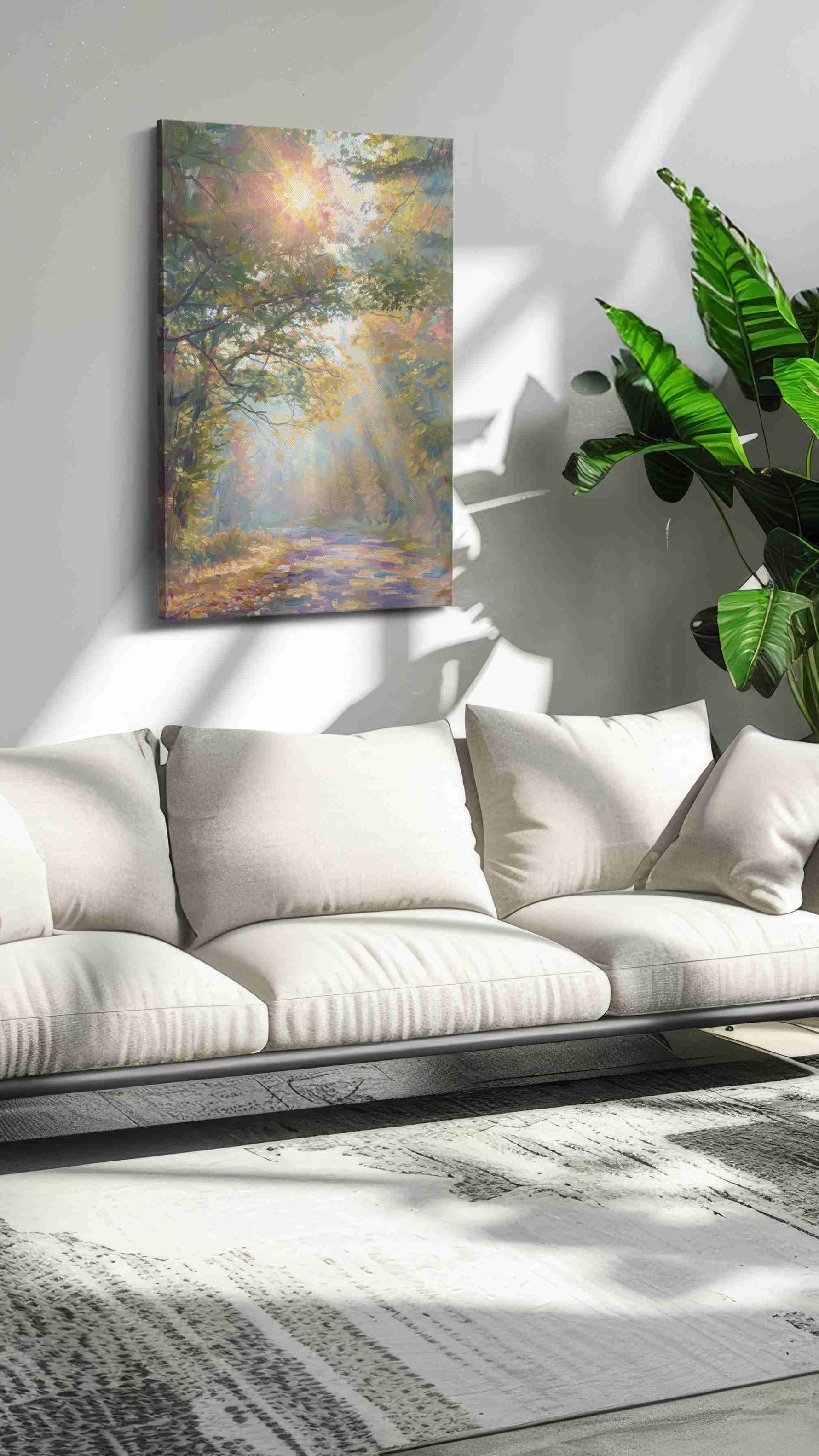 Sunlit Forest Serenity nature canvas print in a modern interior mockup