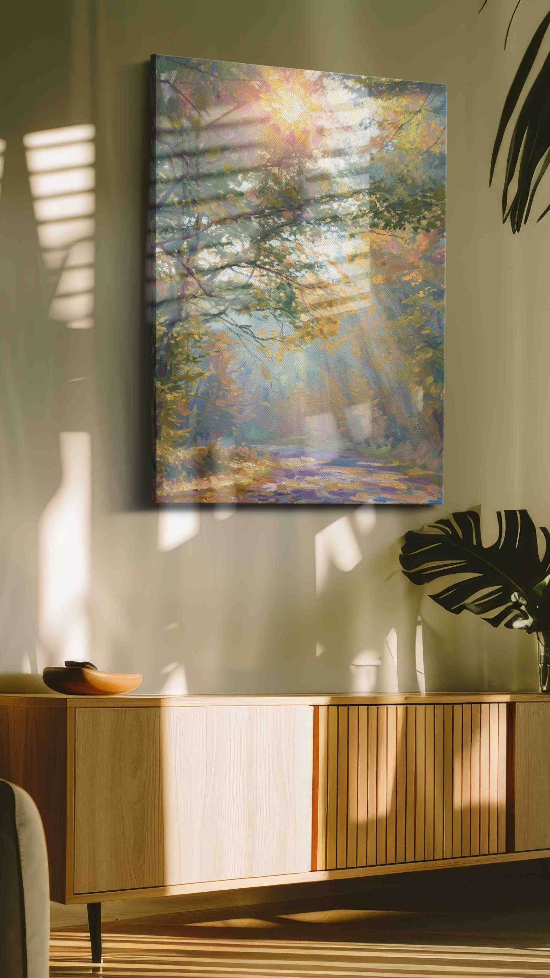 Sunlit Forest Serenity nature canvas print, on wall, lifestyle preview