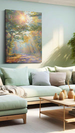 Sunlit Forest Serenity nature canvas print, hanging on wall