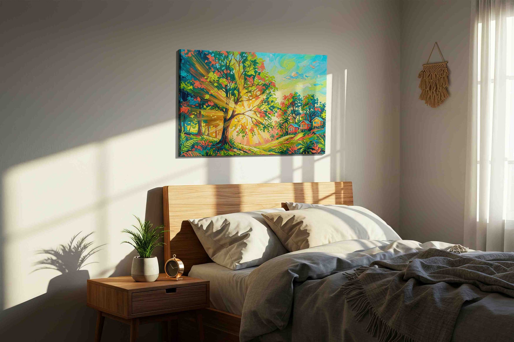 Sunlit Grove Harmony nature canvas print, displayed in a bedroom