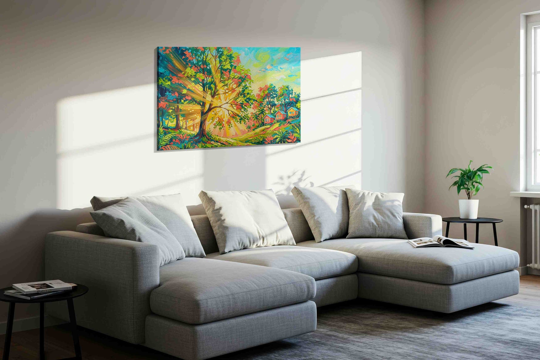 Sunlit Grove Harmony nature canvas print in a living room scene