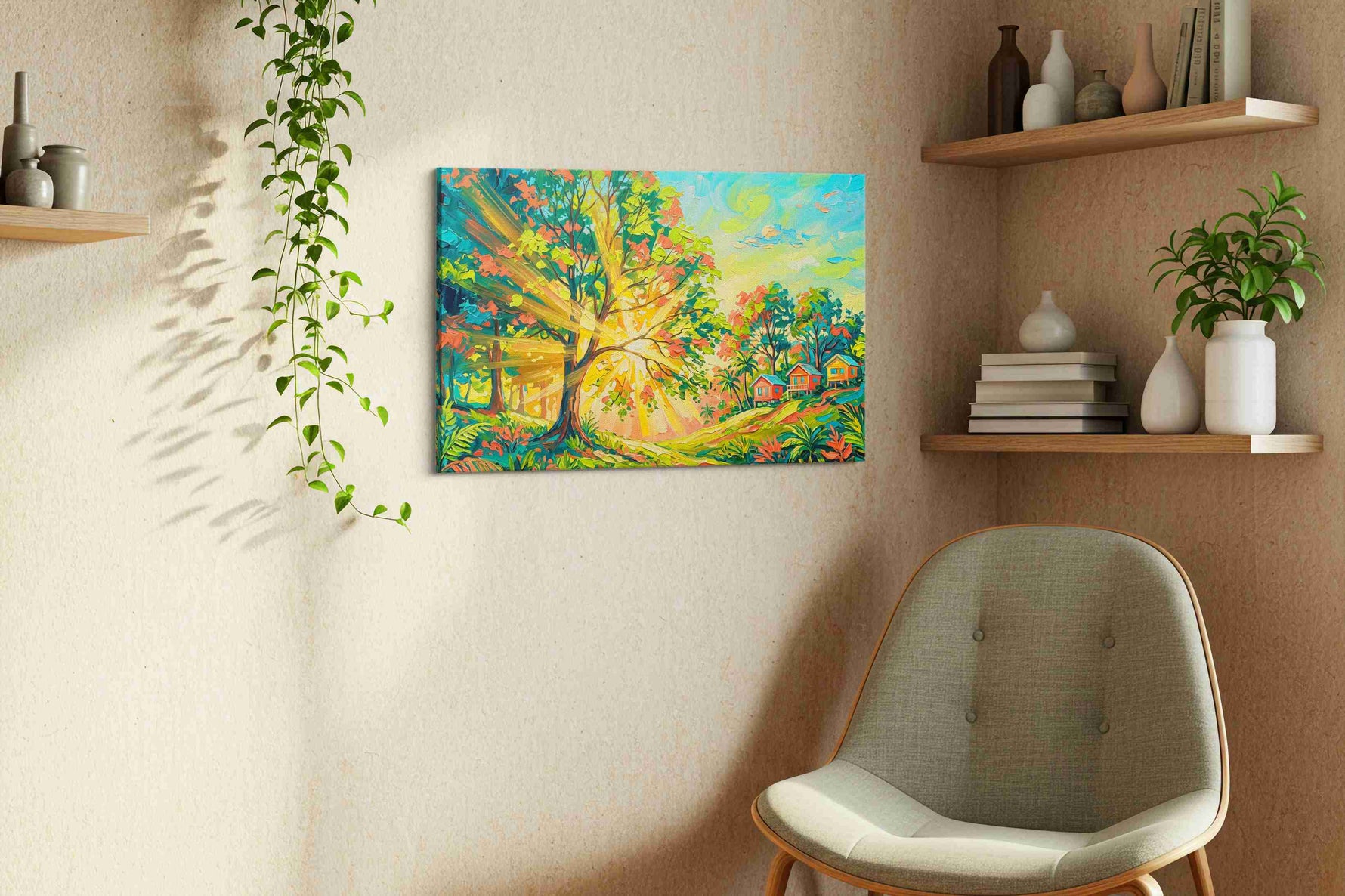 Sunlit Grove Harmony nature canvas print, displayed in a living room